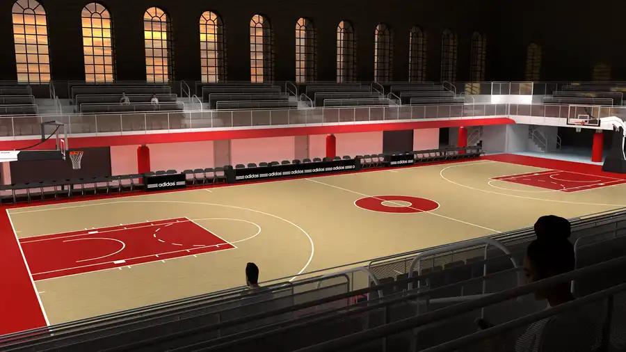Basketball court inside an indoor arena