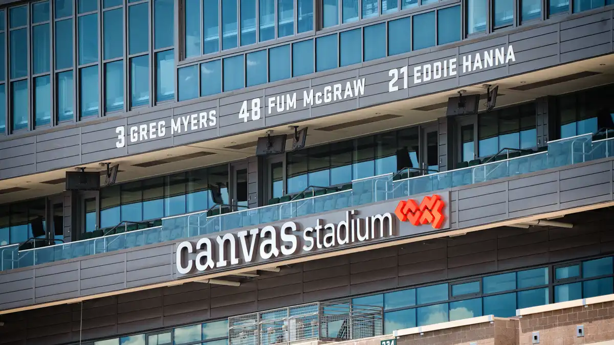 College football field inside a campus stadium