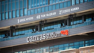 College football field inside a campus stadium