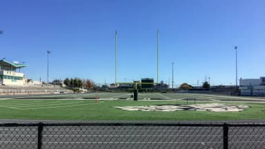 Outdoor football stadium and field viewed from the stands